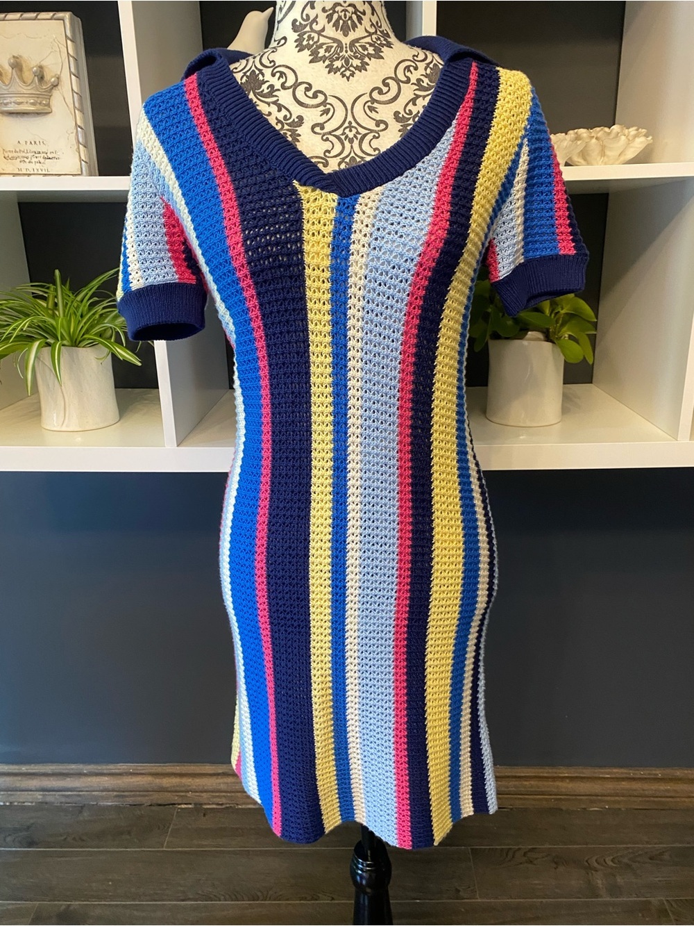 Anthropologie Maeve Striped Crochet Polo Dress in Navy, Blue, Pink & Cream XS - Picture 4 of 9